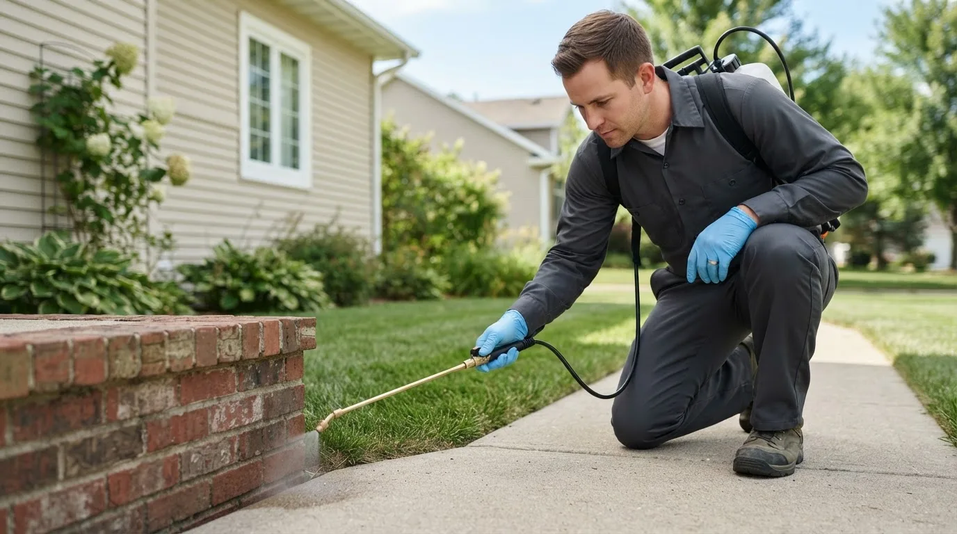 Pest control technician treating a home near Fall River, MA